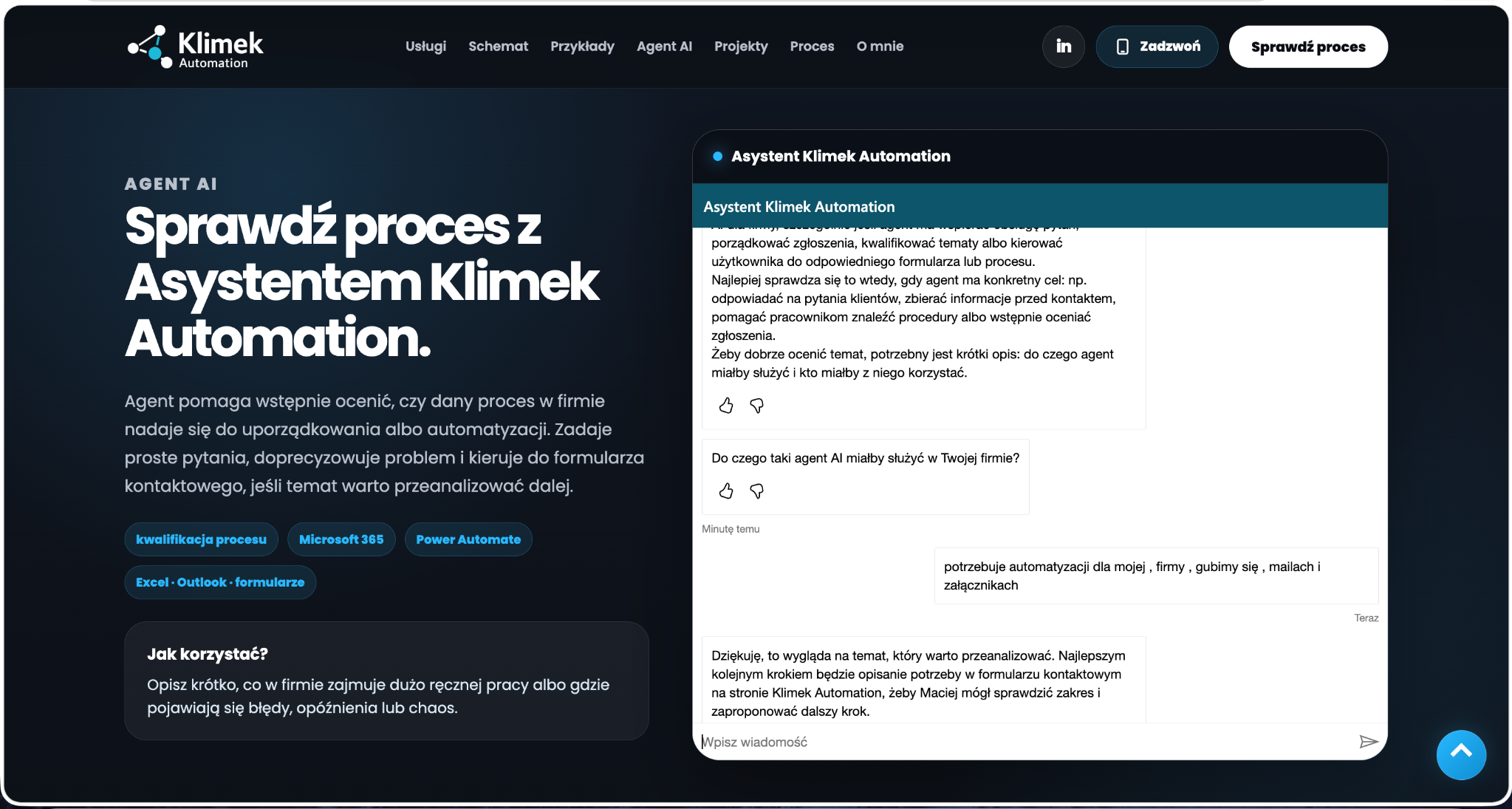 The Klimek Automation assistant chatting with a visitor