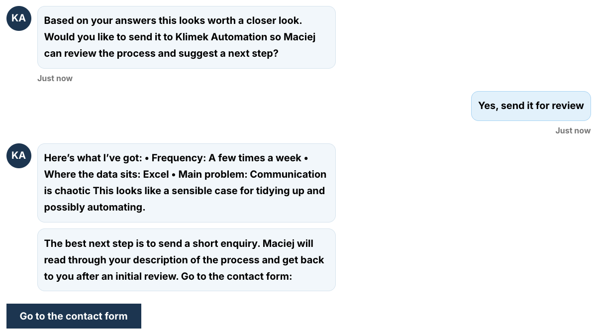 English conversation with the live Klimek Automation Agent: the offer to send the topic, a summary of the answers and the button to the contact form