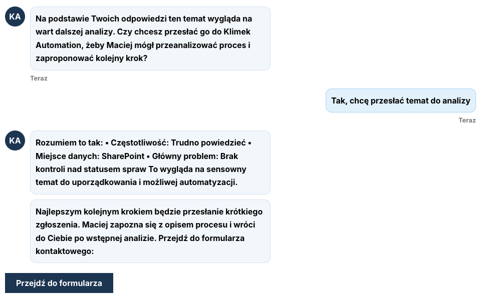 Rozmowa po polsku z działającym Agentem Klimek Automation: propozycja przesłania tematu, podsumowanie odpowiedzi i przycisk przejścia do formularza