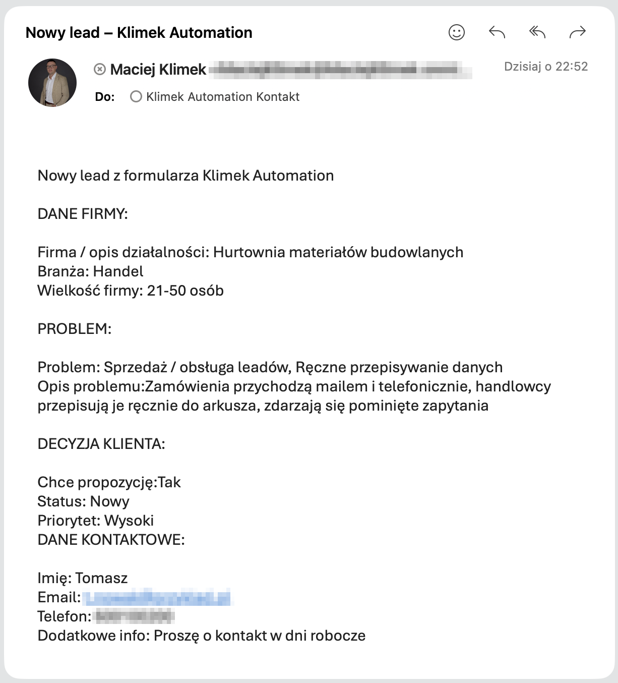 Automatyczny mail z podsumowaniem zgłoszenia i priorytetem
