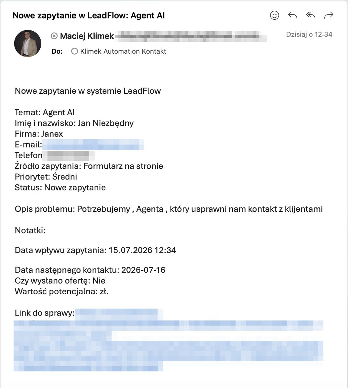 Automatyczny mail o nowym zapytaniu w systemie LeadFlow