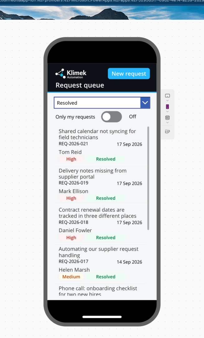 Mobilny widok kolejki zgłoszeń